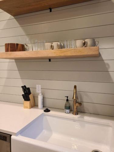 a kitchen counter with a sink and a shelf at Walkable And Cozy German Village Hauspets Ok in Columbus