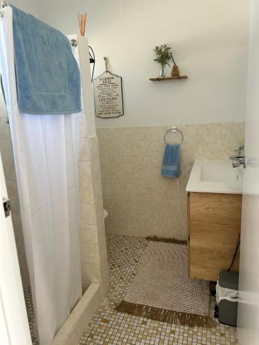a bathroom with a shower and a sink at Coasters 27 in Sawtell