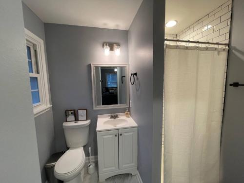 un bagno con wc, lavandino e doccia di Remodeled Cottage With Sunroom a Manchester