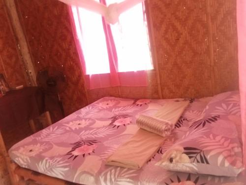 a bed in a room with a window at Enas cottages in Pamilacan IsLand in Baclayon