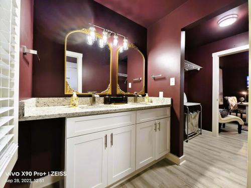 ein Badezimmer mit Waschbecken und Spiegel in der Unterkunft Regal Ranch Retreat in Lawrenceville