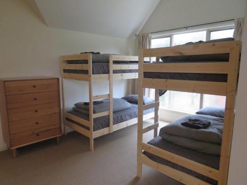 two bunk beds in a room with a window at Blue Bird Cottage in Merrijig