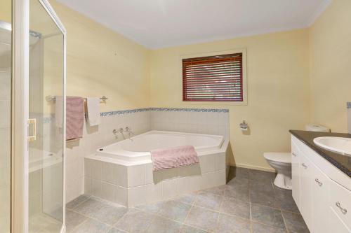 a bathroom with a tub and a sink and a toilet at Sawmill Retreat in Merrijig