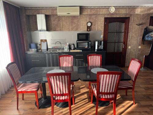 a dining room with a black table and red chairs at Baskervilu Muiža in Sērenes
