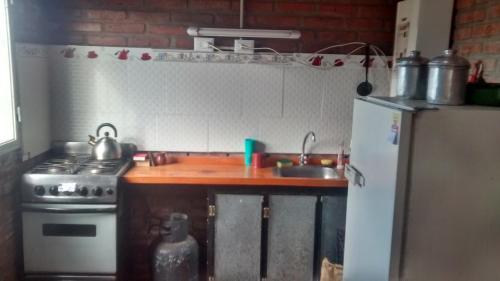 a kitchen with a stove and a sink and a refrigerator at Flor Silvestre in Valle Hermoso