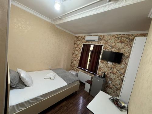 a small room with a bed and a television at Delfin Hotel & Restaurants & Spa in Ganja