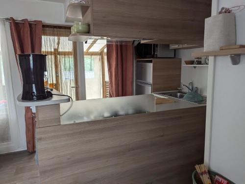 a kitchen with a sink and a counter top at Mobil home Apollon Riviera in Saint-Papoul
