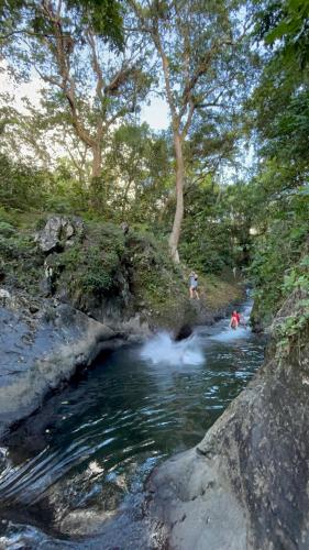 two people are rafting down a river with trees at Classic Fijian Home 