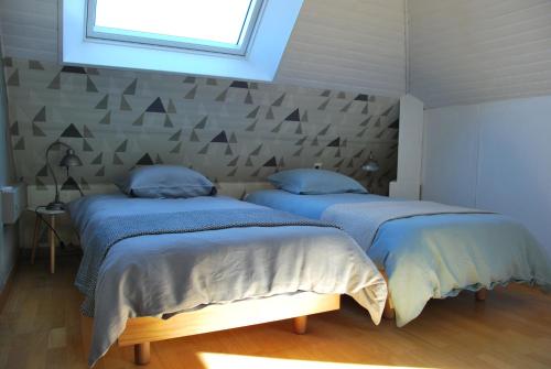 two beds in a bedroom with a window at Au Detour de Rennes in Bruz