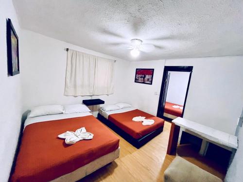 a small room with two beds and a mirror at Casita del Árbol in Mexico City