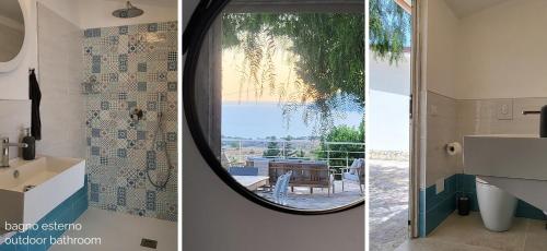 two pictures of a bathroom with a mirror and a sink at Villa Ballerina Bianca in Scopello