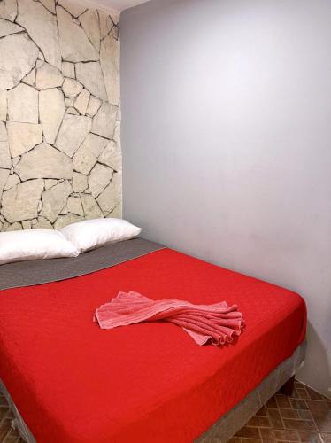a bedroom with a red bed with a stone wall at Casita del Árbol in Mexico City