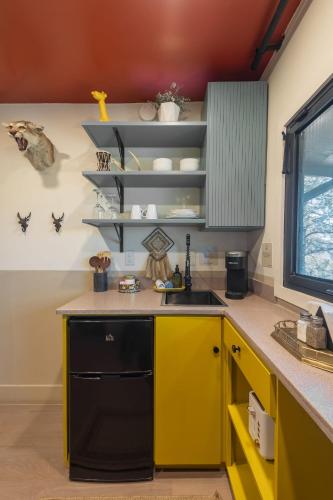 a kitchen with yellow cabinets and a black and yellow dishwasher at Freya Geo Dome Suite At El Mistico Ranch in Nogal