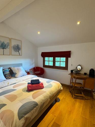a bedroom with a bed and a table and a window at Chambre au calme & salle de bain privée in Divonne-les-Bains