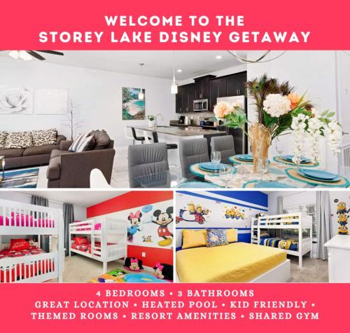 a collage of photos of a kitchen and a living room at Storey Lake Pool Mins to Disney 4BR Games in Kissimmee