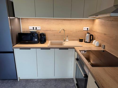 a kitchen with a sink and a microwave at Anna Apartment in Dunajská Streda