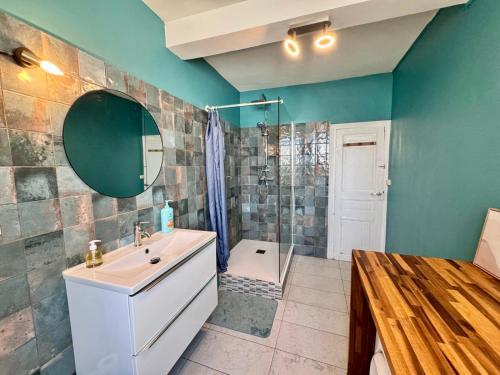 un baño con lavabo y ducha en Appartement Minervoise - Gare Carcassonne, en Carcassonne