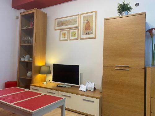 a living room with a desk with a television on it at Apartamentos Alcañiz, Santa María, 3 in Alcañiz