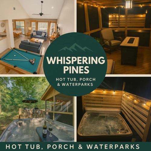 a collage of pictures of a house with a hot tub and wateryards at Whispering Pines Cabin Hot Tub Near Ski in Tannersville