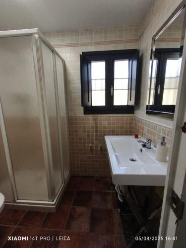 a bathroom with a sink and a shower at Casa Rural Prado Alto,Foz Calanda in Foz-Calanda