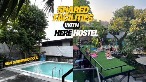 a collage of two pictures of a swimming pool with people playing at Here We Go Bangkok in Bangkok