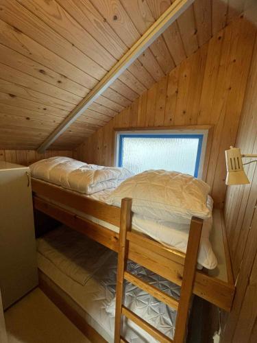 a bunk bed in a wooden cabin with a window at Feriehytte - Lille Knudsgaard in Løkken