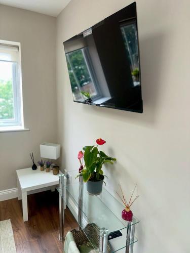 a living room with a tv on the wall at Stylish 1-Bed Flat in Ealing