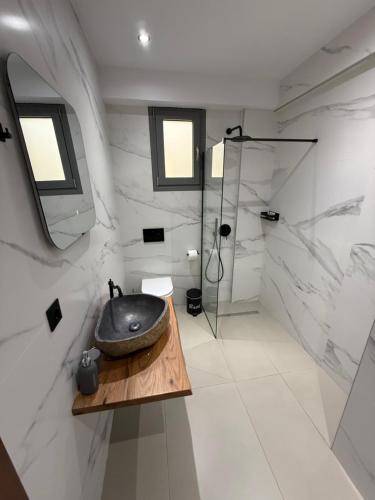 een badkamer met een wastafel en een glazen douche bij Skiathos Bliss Villa in Skiathos-stad