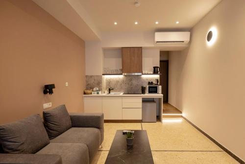 Una sala de estar con un sofá y una cocina. en Belle Athenes Apartements, en Atenas