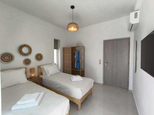 a bedroom with two beds and a television in it at Villa Livia- panoramic view with pool and beautiful garden in Pitsidia