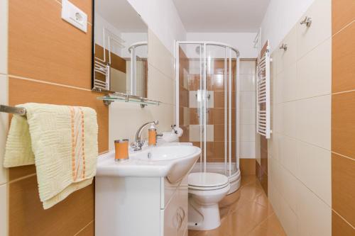a bathroom with a toilet and a sink at Hisa Taljat in Most na Soči