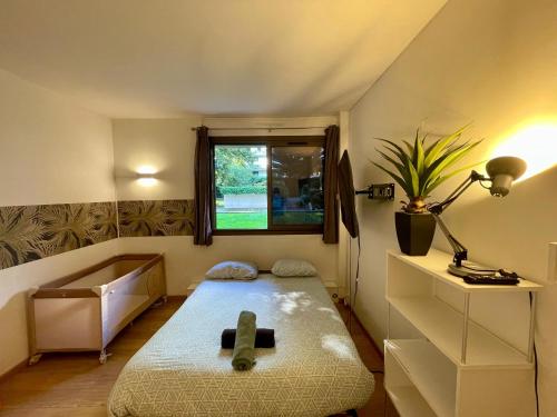 een kleine kamer met een bed en een raam bij Tour Eiffel Francois Gerard in Parijs