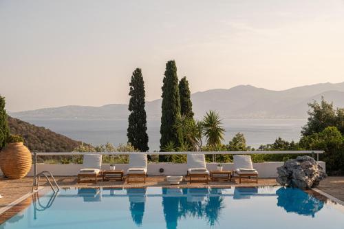 a pool with chairs and a view of the ocean at Villa Artisti Marathon in Marathon