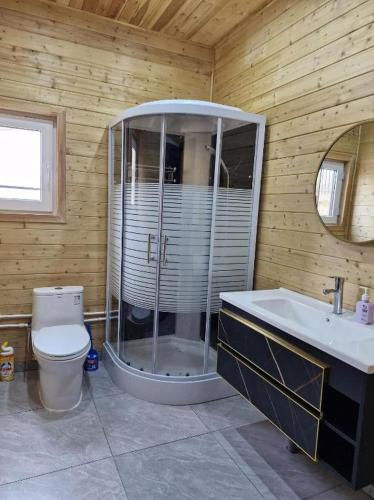 a bathroom with a shower and a toilet and a sink at Bright Terelj Family Camp in Dugang Süme