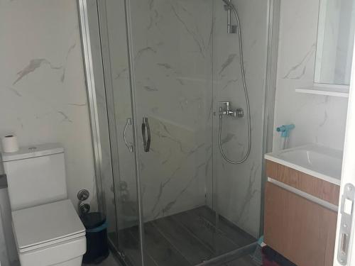 Una ducha con puerta de cristal al lado de un inodoro. en One-Bedroom Apartment in a Poolside Complex, en Protaras