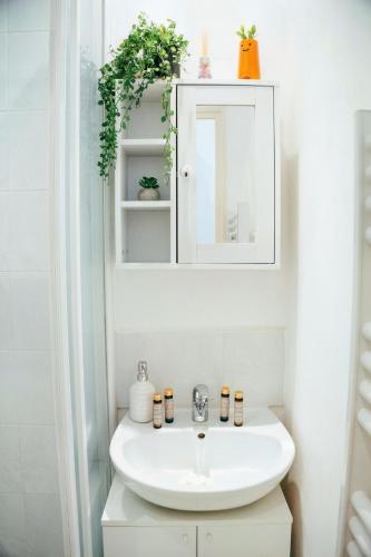 a bathroom with a sink and a mirror at Le petit coin vert de Paris in Montreuil