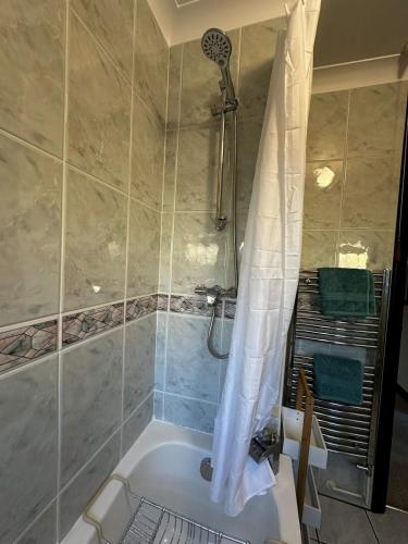 a bathroom with a shower with a tub at Maesllan - A Spacious Holiday Home in Porthcawl - 5 bedrooms, sleeps up to 10 people in Porthcawl