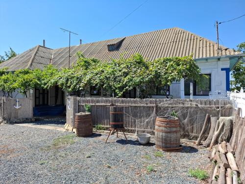 a house with a fence and trees and barrels at Casa Antonyo in Jurilovca