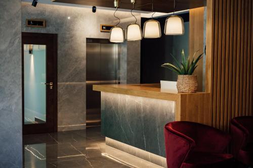 a lobby with a bar with a potted plant at Salt Lake Hotel in Sovata