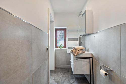 a small bathroom with a sink and a counter at Fe Wo Koll in Weddingstedt