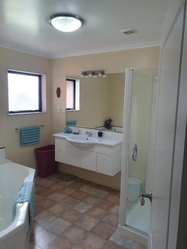 a bathroom with a sink and a shower at Spacious on Sarita in Cromwell