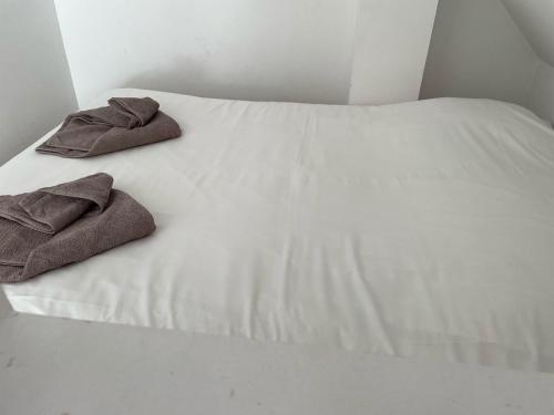a white bed with two brown pillows on it at Grande villa avec piscine chauffée et Jacuzzi in Mouen