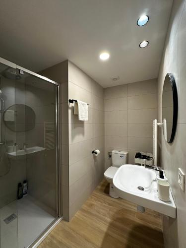 a bathroom with a shower and a sink and a toilet at VTZ Los Balcones del Casco in Zaragoza