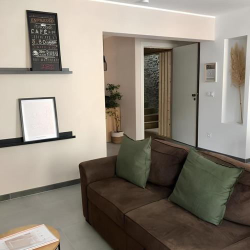 a living room with a brown couch with green pillows at Le Petit Cathare, Nid rénové au cœur de Quillan in Quillan