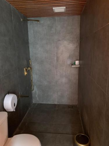 a bathroom with a toilet and a shower stall at Lake Batur Villa in Kubupenlokan
