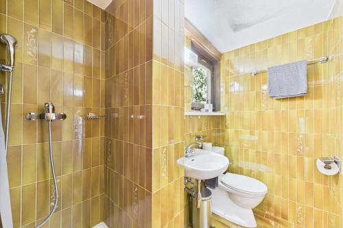 a bathroom with a toilet and a sink and a shower at Cozy Single Suite in the Heart of Saas-Fee in Saas-Fee