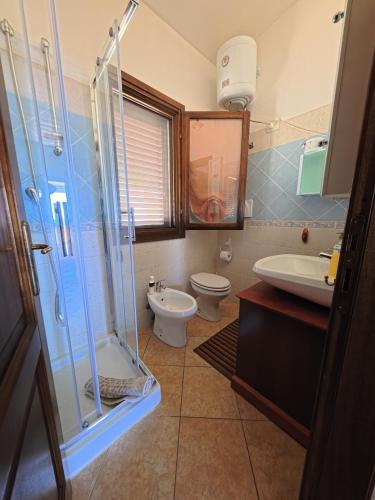 a bathroom with a shower and a toilet and a sink at Villa Grazia in Santa Lucia