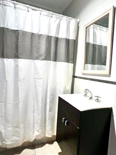 a bathroom with a sink and a shower curtain at FINCA NOVA Apartment 7 in Balcarce