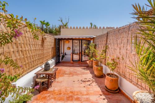 a patio with potted plants on a wall at Dar Karole-Privé-petits déjeuners inclus in Marrakech