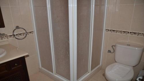 een badkamer met een douche, toilet en wastafel bij Apartamento Heliconia 1 in Valle Gran Rey